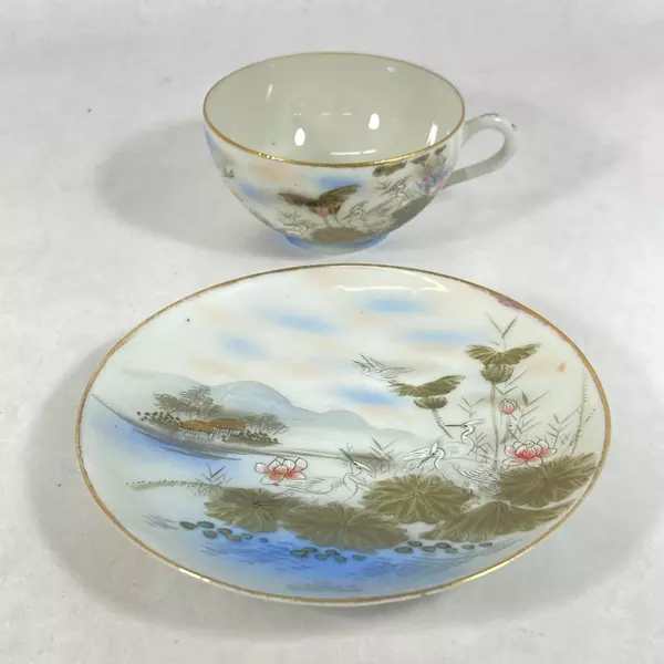 2 Hand Painted Japanese Cups And Saucers Landscape Scene Cranes Lotus Flowers