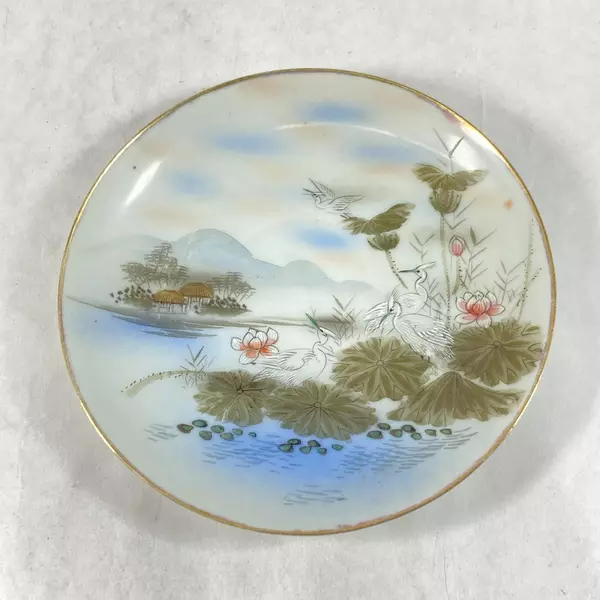 2 Hand Painted Japanese Cups And Saucers Landscape Scene Cranes Lotus Flowers