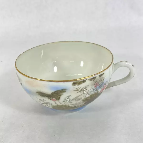 2 Hand Painted Japanese Cups And Saucers Landscape Scene Cranes Lotus Flowers