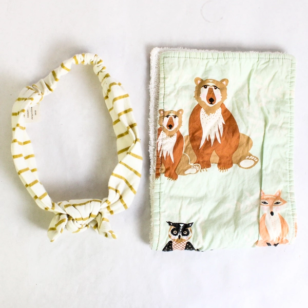 Baby Headband and Washcloth Bath Set Hygiene Hair Deer and Racoon Pattern