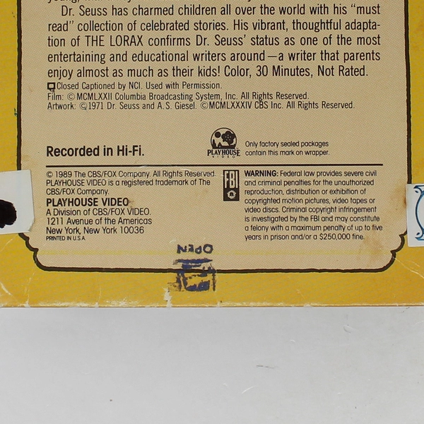 Dr. Seuss The Lorax VHS Video Tape 1989