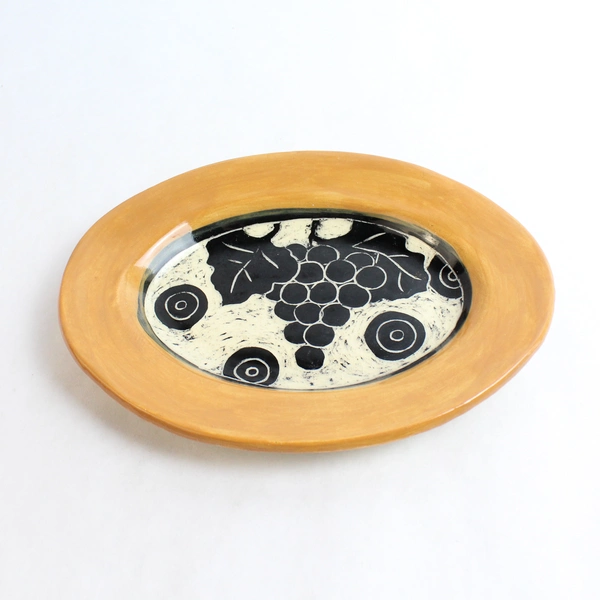 Artisan Handmade Stoneware Oval Trinket Dish Grape Design Orange Black Beige
