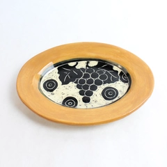 Artisan Handmade Stoneware Oval Trinket Dish Grape Design Orange Black Beige