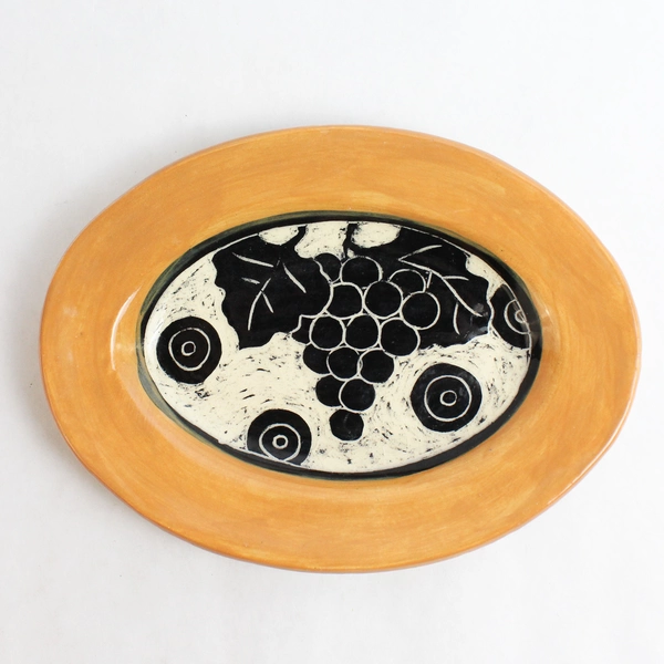 Artisan Handmade Stoneware Oval Trinket Dish Grape Design Orange Black Beige