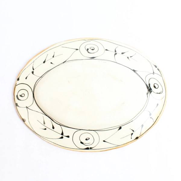 Artisan Handmade Stoneware Oval Trinket Dish Grape Design Orange Black Beige