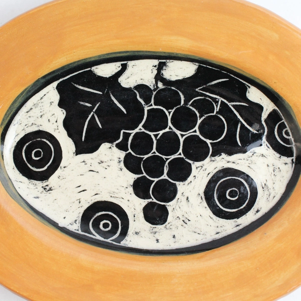 Artisan Handmade Stoneware Oval Trinket Dish Grape Design Orange Black Beige