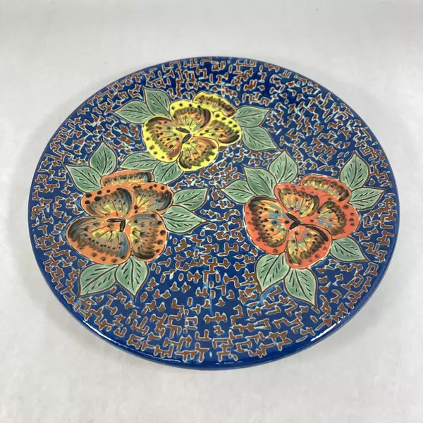 Blue And Brown Art Pottery Platter Wth Pansies 12 Inch