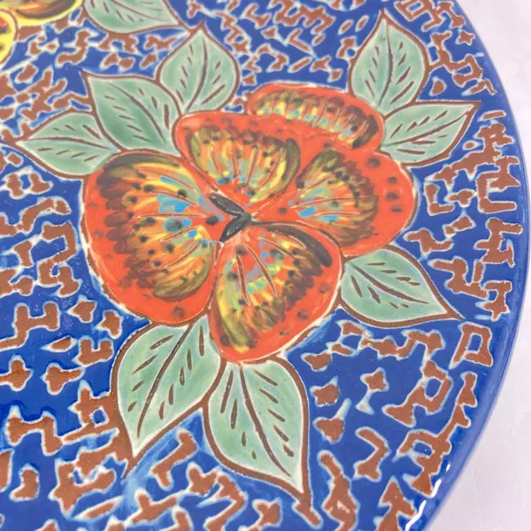 Blue And Brown Art Pottery Platter Wth Pansies 12 Inch