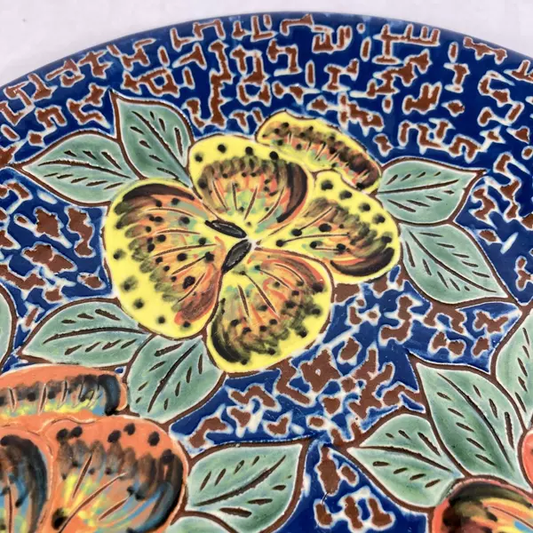 Blue And Brown Art Pottery Platter Wth Pansies 12 Inch