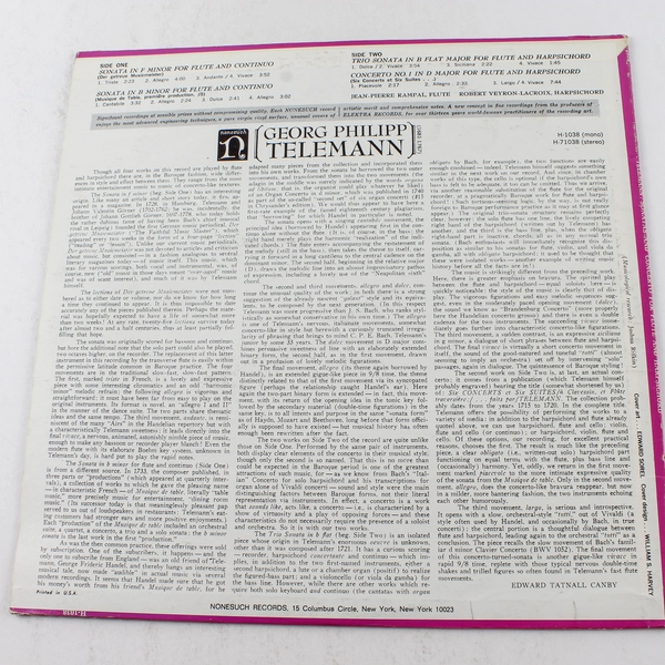 Georg Philipp Telemann Sonata Vinyl LP - Flute & Harpsichord, Untested