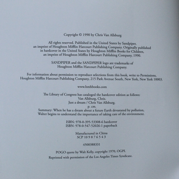 Vintage Just A Dream by Chris Van Allsburg 1990 Paperback, Good Condition