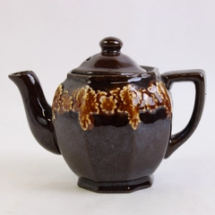 Small Octagonal Brown Ceramic Teapot with Lid Vintage Collectible