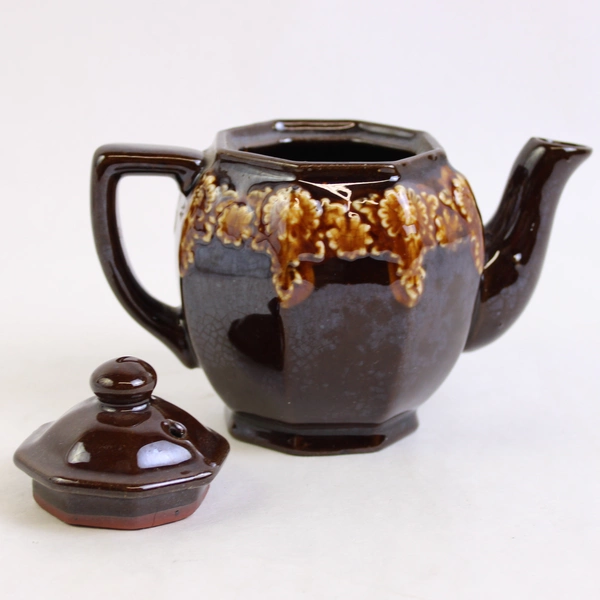 Small Octagonal Brown Ceramic Teapot with Lid Vintage Collectible