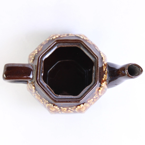 Small Octagonal Brown Ceramic Teapot with Lid Vintage Collectible