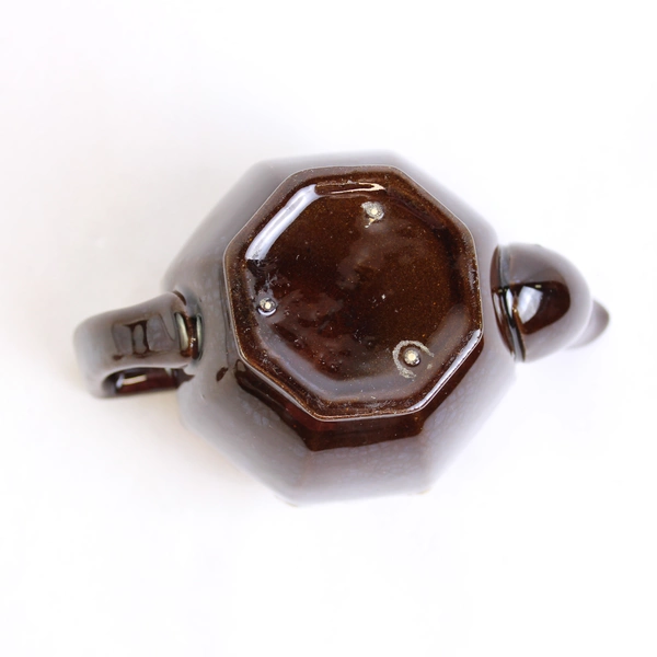 Small Octagonal Brown Ceramic Teapot with Lid Vintage Collectible