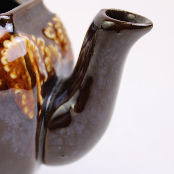 Small Octagonal Brown Ceramic Teapot with Lid Vintage Collectible