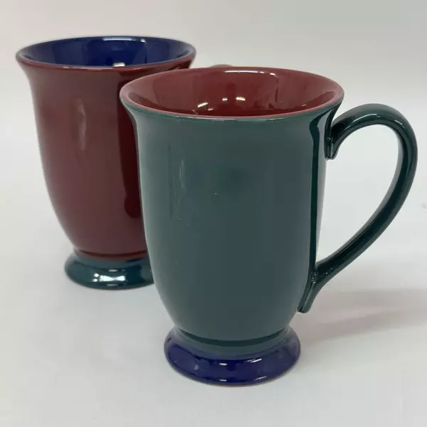 Set of 2 Pfaltzgraff Designer Collection Footed Coffee Mugs Burgundy Cobalt Blue