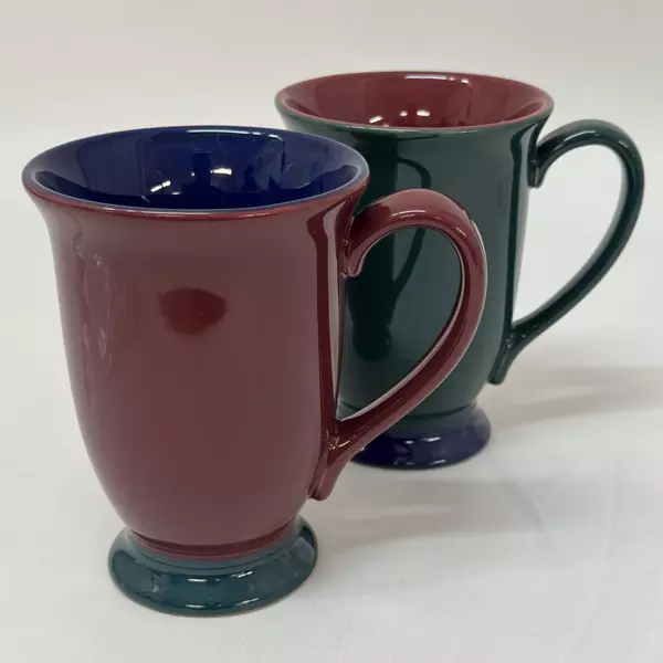 Set of 2 Pfaltzgraff Designer Collection Footed Coffee Mugs Burgundy Cobalt Blue