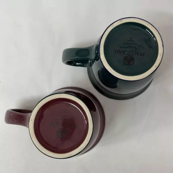 Set of 2 Pfaltzgraff Designer Collection Footed Coffee Mugs Burgundy Cobalt Blue