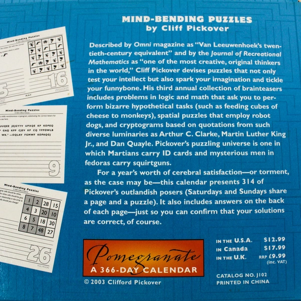 Mind Bending Puzzles By Cliff Pickover A 366 Day Calendar 2004 Original Package
