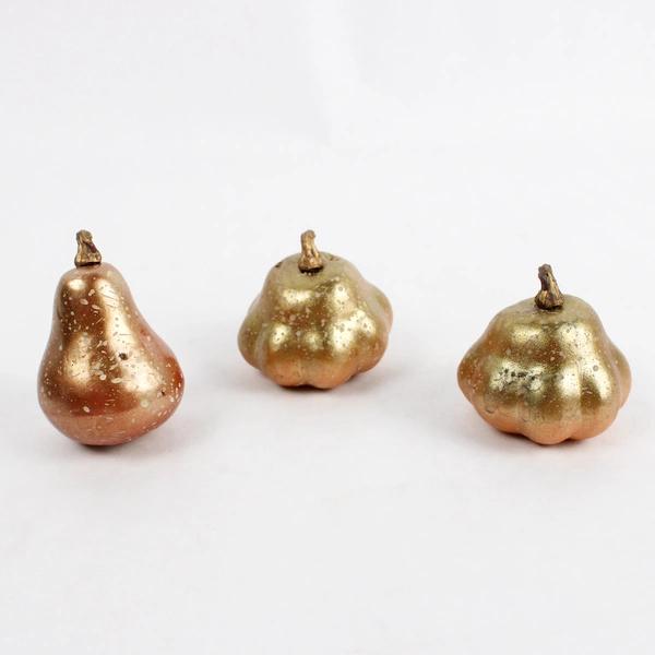 Lot of 3 Lightweight Fake Fruit for Display, Gold Mini Pear and Gourds
