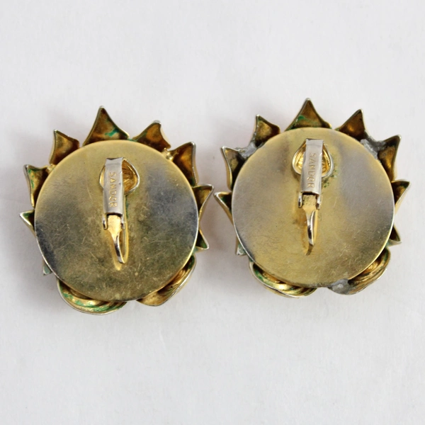 Vintage Sandor White & Orange Gold-Tone Metal Seashell Clip-On Earrings