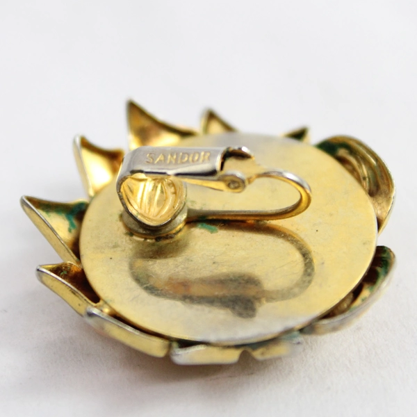 Vintage Sandor White & Orange Gold-Tone Metal Seashell Clip-On Earrings