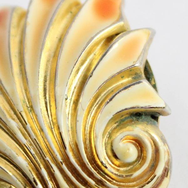 Vintage Sandor White & Orange Gold-Tone Metal Seashell Clip-On Earrings