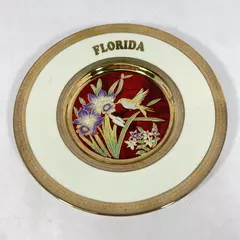 Chokin Florida 6" Souvenir Plate Hummingbird & Daffodil 24k Gold Edge