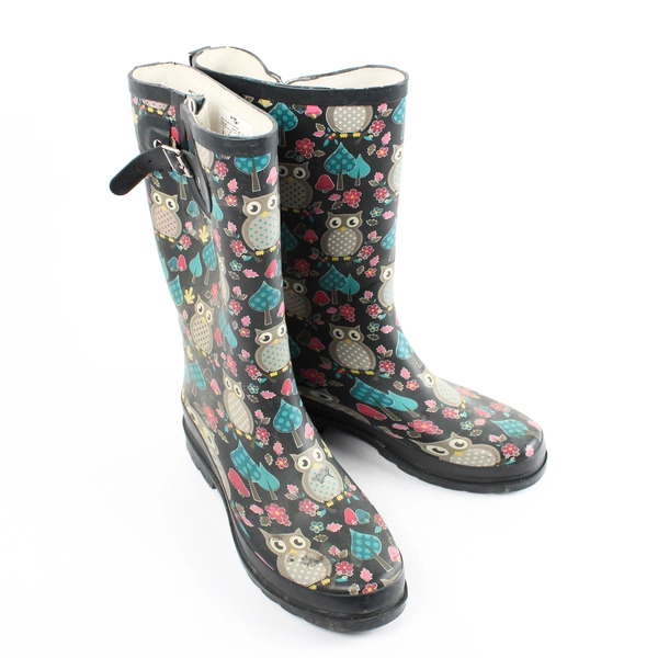 Western Chief Women's Mid-Calf Black Rubber Rainboots Size 9 Woodland Owl Print