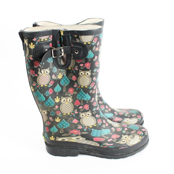 Western Chief Women's Mid-Calf Black Rubber Rainboots Size 9 Woodland Owl Print