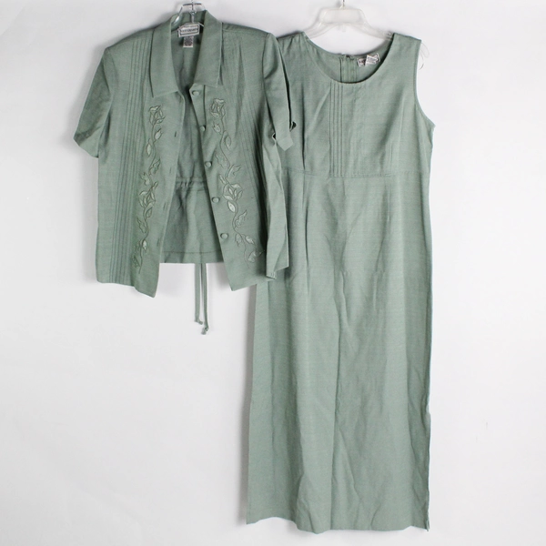 VTG Karin Stevens Women's Midi Dress & Jacket Set Size 10 Green Matching