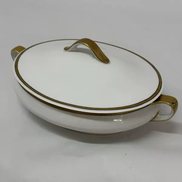 Vintage Paul Mueller Oval Covered Vegetable Bowl White Gold Trim
