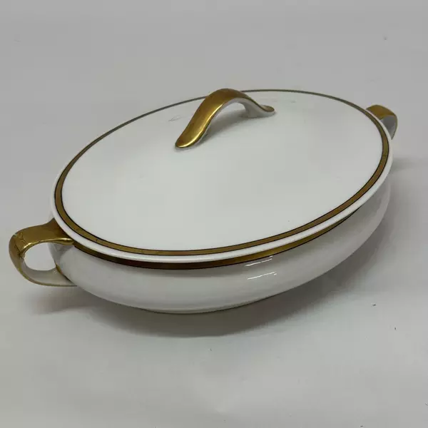 Vintage Paul Mueller Oval Covered Vegetable Bowl White Gold Trim