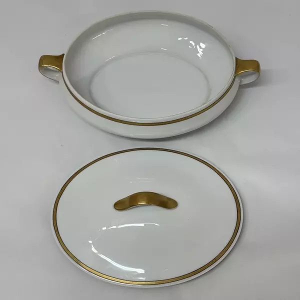 Vintage Paul Mueller Oval Covered Vegetable Bowl White Gold Trim