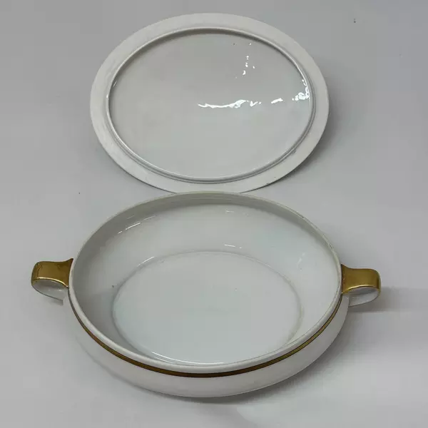 Vintage Paul Mueller Oval Covered Vegetable Bowl White Gold Trim