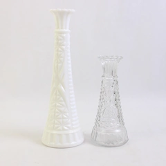 Lot of 2 Vintage Anchor Hocking Stars and Bars Pressed Glass Bud Vases 6" & 9"