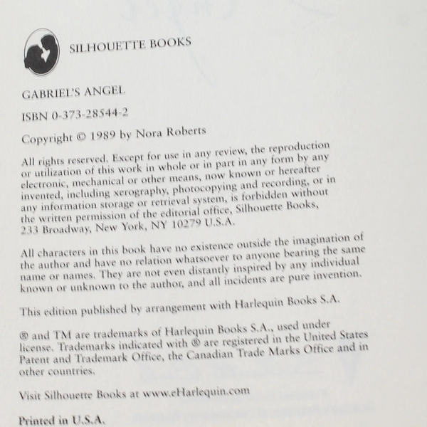 Gabriel's Angel By Nora Roberts 1989 Hardcover Silhouette Books