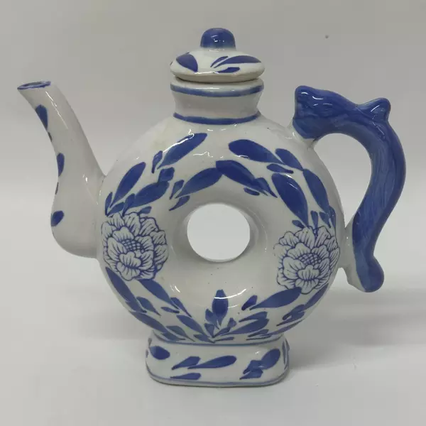 Two's Company Canton Collection Cobalt Blue White Teapot Center Hole Flowers