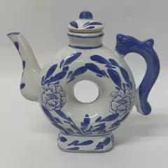 Two's Company Canton Collection Cobalt Blue White Teapot Center Hole Flowers
