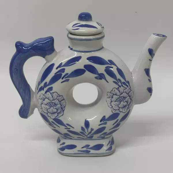 Two's Company Canton Collection Cobalt Blue White Teapot Center Hole Flowers