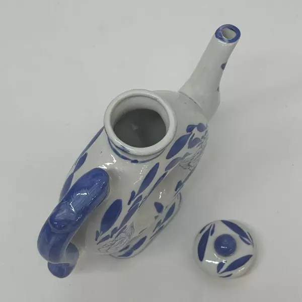 Two's Company Canton Collection Cobalt Blue White Teapot Center Hole Flowers