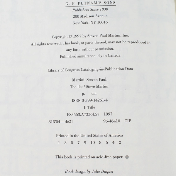 The List by Steve Martini 1997 Hardcover Book - Good Condition - ISBN 0399142614