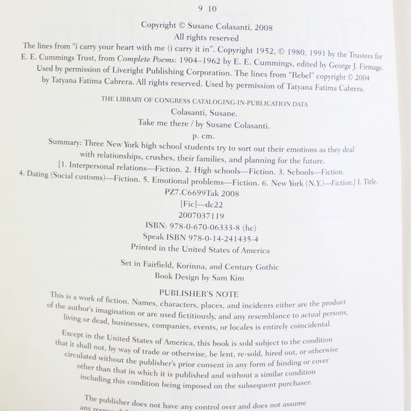 Take Me There by Susane Colasanti 2009 Paperback