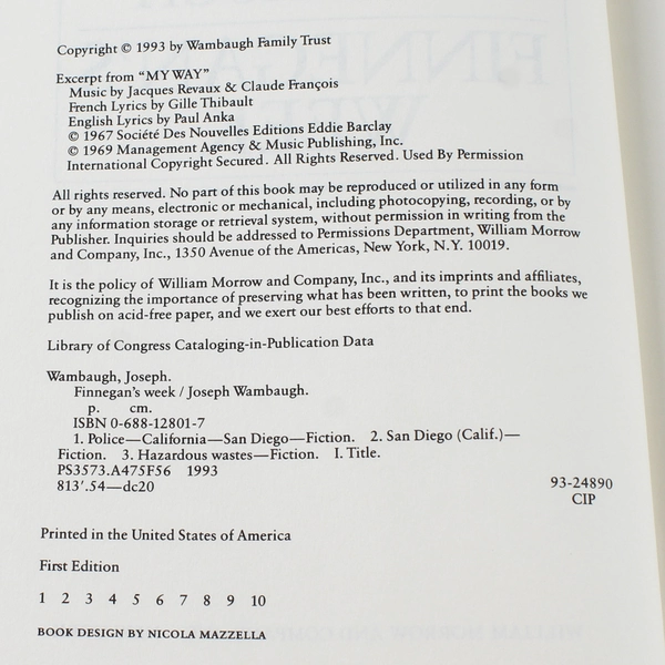 Finnegan's Week by Joseph Wambaugh 1993 Hardcover Novel in Good Condition