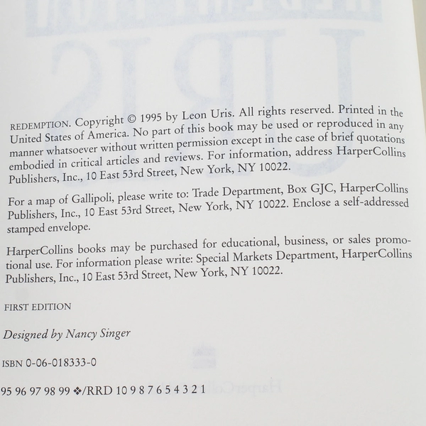 Redemption by Leon Uris 1995 Hardcover Novel - Good Condition, HarperCollins