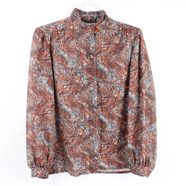 VTG Sheer Long-Sleeve Button Down Mock Neck Blouse Women's Size 10 Brown