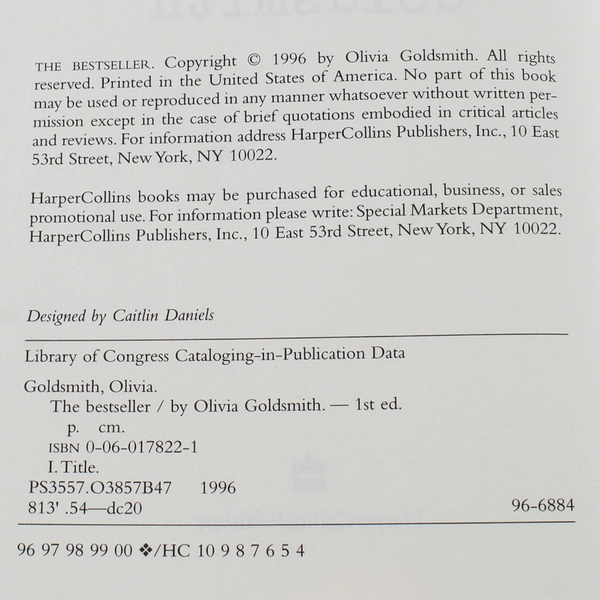 The Bestseller by Olivia Goldsmith 1996 Hardcover - Good Condition