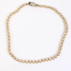 15" Faux Gold Pearl Necklace Silver Clasp with 4 Colorless Stones Vintage