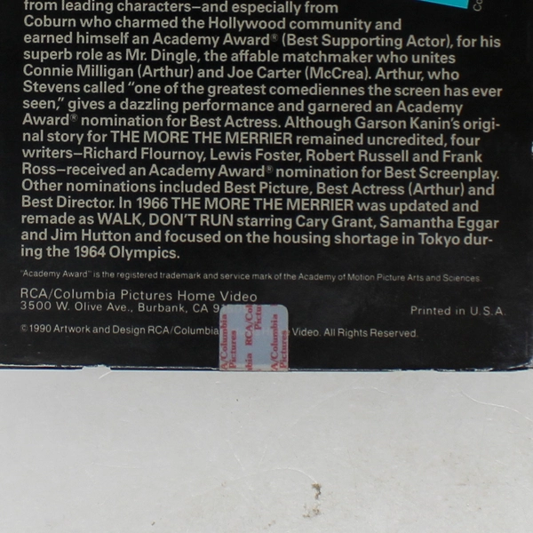 The More the Merrier VHS 1990 Columbia Pictures